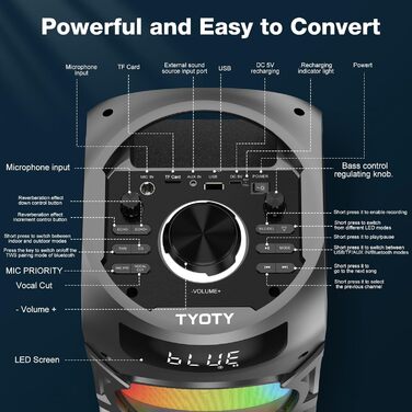 Bluetooth колонка з LED підсвіткою, пультом ДУ, підтримкою TF/USB, записом звуку, для дому та вечірок (чорна)