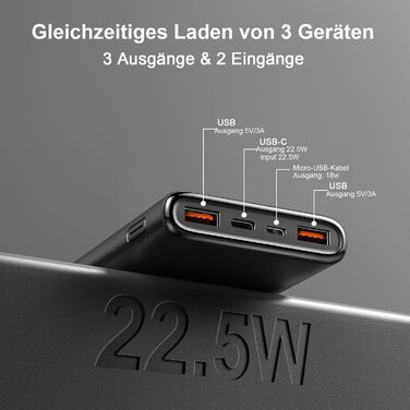 Power Bank 10000mAh з LED-дисплеєм, 22.5W PD3.0/QC4.0, USB-C, чорний