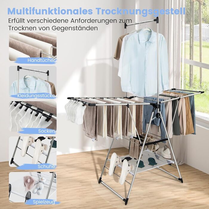 Сушарка для білизни COSTWAY розкладна, висувна, з регулюванням висоти та полицями для взуття, сушильний стійка-вежа для дому та вулиці (оновлена) з вішалкою