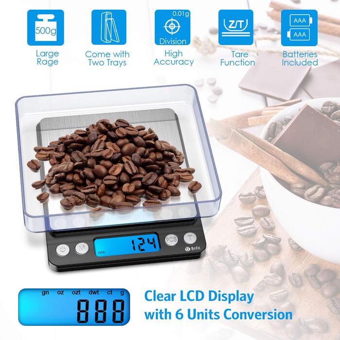Електронні ваги Brifit 0.01g, 500g з калібрувальним набором 100g, функцією Tara та PCS, 6 одиниць вимірювання (Чорний)