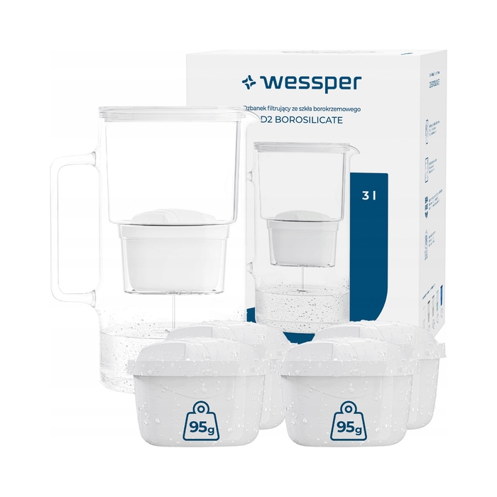 Скляний фільтр-глечик Wessper D2 з боросилікатного скла, 3 л, білий + 5 фільтрів