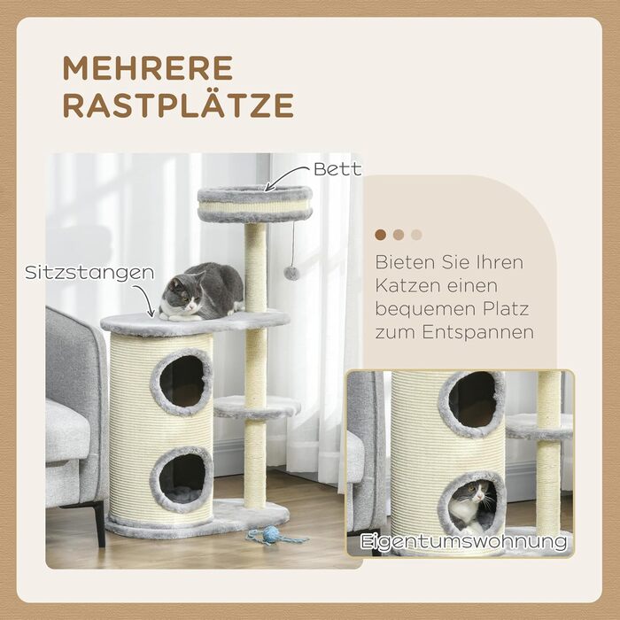 Кігтеточка PawHut для котів 100 см з платформою, м'якими подушками та сизалевими стовпчиками, кремово-білий (сірий)