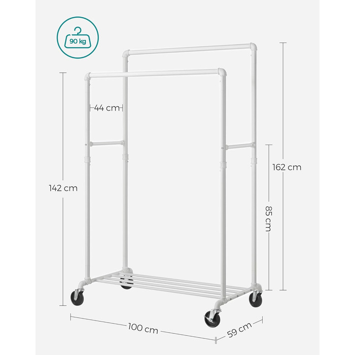 SONGMICS Clothes Rack, Clothes Rod, Coat Rack with 2 Clothes Rods and Shelf, Wheels, Load Capacity up to 110 kg, Industrial Design, for Bedroom, Dressing Room, White HSR060W01