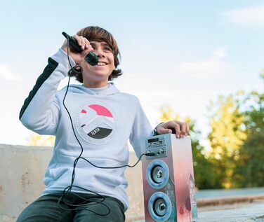 Караоке DYNASONIC з 2 мікрофонами, портативна караоке-машина, Bluetooth-динамік, USB та SD-кардридер, світлові ефекти, подарунок для дітей 5-13 років (Model 19)