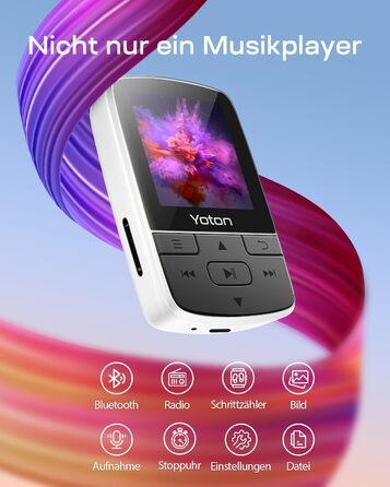 MP3-плеєр YOTON з Bluetooth 5.2, Hi-Fi звук, FM-радіо, диктофон, регулятор гучності, навушники, підтримка SD до 128 ГБ (Білий)