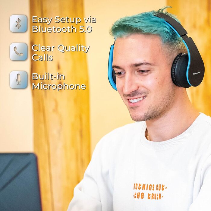 PowerLocus Бездротові навушники Over-Ear з Bluetooth, Hi-Fi стерео, FM радіо, Micro SD/TF, мікрофон, для iPhone/Android/Tablet/Laptop (Чорний/Синій)