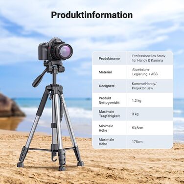 Штатив для камери UGREEN 53.5-175 см, легкий та портативний, з тримачем для смартфона та чохлом для DSLR, Canon, Nikon, Action Camera