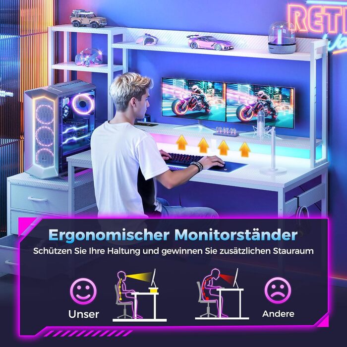 Ігровий стіл Coleshome з полицями та шухлядами, 137×48 см. Стіл для геймінгу з LED-підсвічуванням та розеткою, комп'ютерний стіл з місцями для зберігання та підставкою для монітора (білий карбон, 137×48 см)