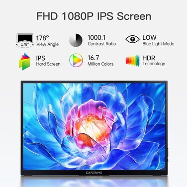 Портативний монітор 15.6' FHD IPS з динаміками та підставкою, ультратонкий додатковий екран для ноутбука/ПК/Mac - USB-C & HDMI, з захисним чохлом, матовий чорний 15.6