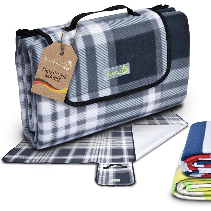 Beautissu Плед для пікніка XXL, 200x200 см, водовідштовхувальний, ізольований, сірий, для пляжу, кемпінгу, подорожей