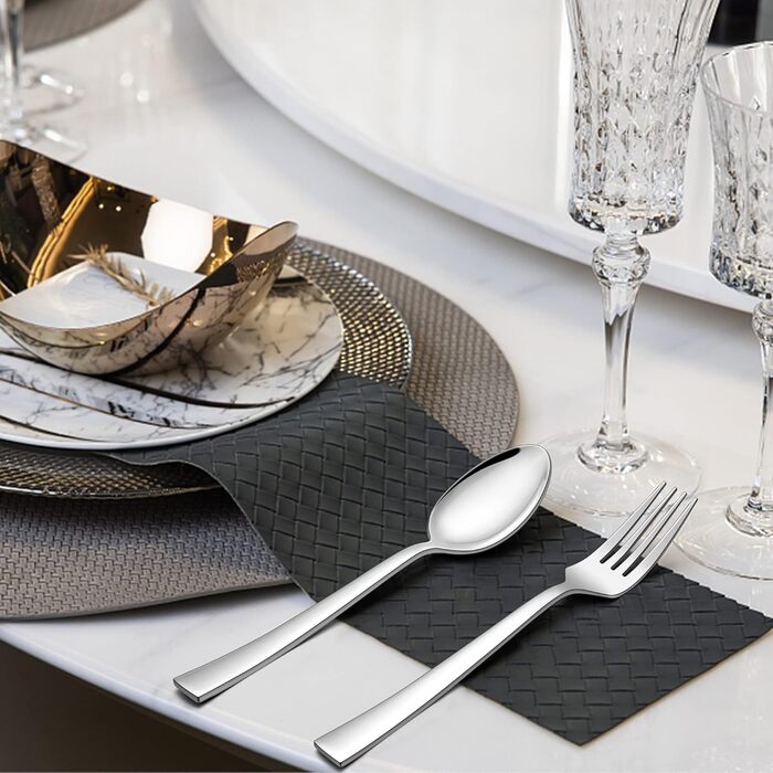 Набір столових приборів Herogo на 6 осіб (36 предметів) з нержавіючої сталі. Включає виделки, ножі, ложки, спеціальні ножі для стейку. Підходить для дому та ресторану, миється в посудомийній машині. Квадратний дизайн.