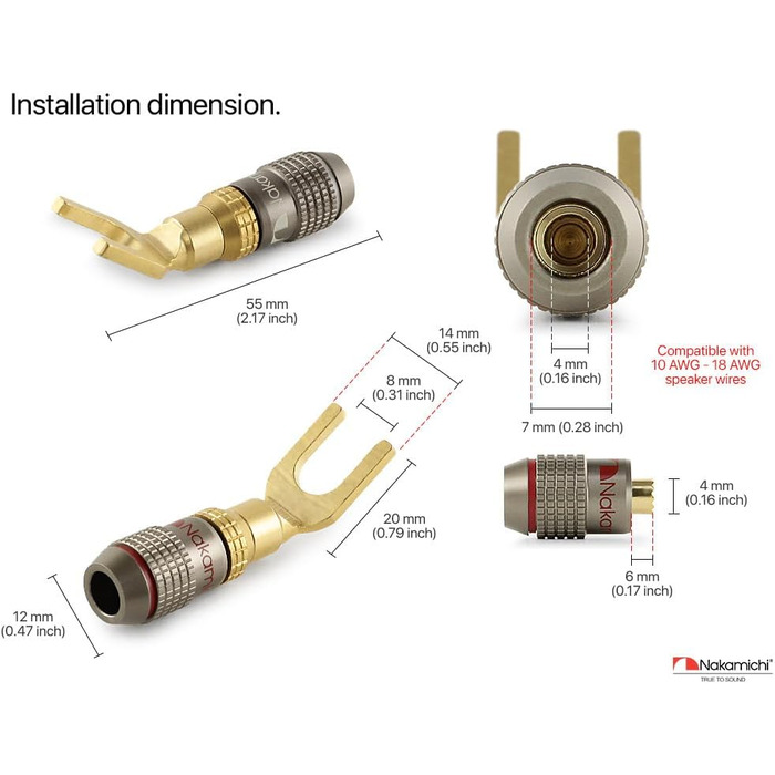 Позолочений Y-подібний роз'єм Nakamichi FanLock Excel-Serie для акустичних кабелів 10-18 AWG, 4мм, для Hi-Fi стерео та домашнього кінотеатру, 4 шт (2 пари)