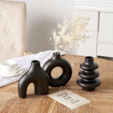 Set of 3 Black Ceramic Vases - Small Pampas Grass Decor, Modern Flower Vases for Home, Wedding & Living Room Centerpieces