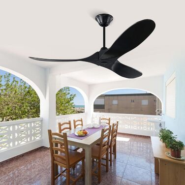 Чорний стельовий вентилятор з дерева (132 см) з пультом керування, тихий, для вологого приміщення