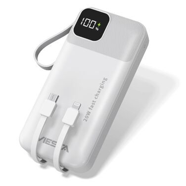 Універсальний зовнішній акумулятор All-IN-ONE Powerbank 10000 mAh чорний: швидка зарядка 22.5W, PD 20W, бездротова зарядка 15W, зарядний пристрій для Apple Watch, вбудовані кабелі USB-C та Lightning, LED-дисплей, алюмінієва підставка