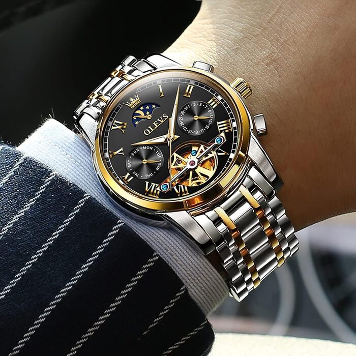Чоловічий механічний годинник OLEVS Skeleton з фазою місяця, водонепроникний, сталевий браслет, люміноцірувані стрілки, чорний