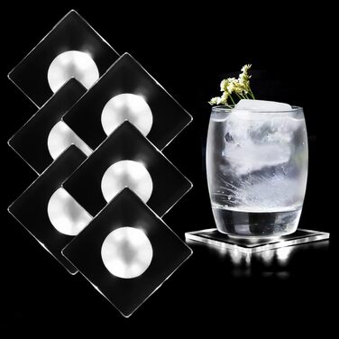 MEDOYOH Square Cool White LED Coasters for Drinks, ON/Off Switch Drink Coasters Set, Waterproof Coasters Glowing for Glasses Bottles Parties Weddings Bar Christmas (Cool White LED, 6-Piece Set)