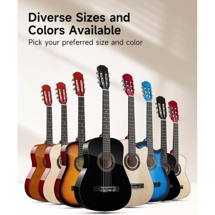 Акустична гітара Moukey для початківців, дітей, підлітків та дорослих, 38 дюймів, блакитна. Комплект з чохлом, тюнером, медіатором, каподастром та нейлоновими струнами