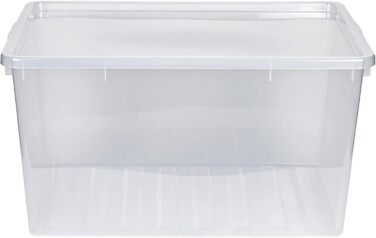 Kreher XXL Storage Box with Lid made of Plastic in Transparent. Holds approximately 135 liters. Dimensions approximately 78 x 56 x 41 H cm.