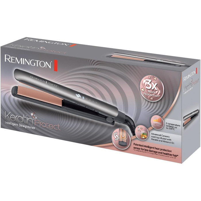 Випрямляч для волосся Remington S8540 Keratin Protect: керамічне покриття з кератином та мигдалевою олією, LCD-дисплей, 10 температурних режимів (150-230°C), 110 мм, чорний