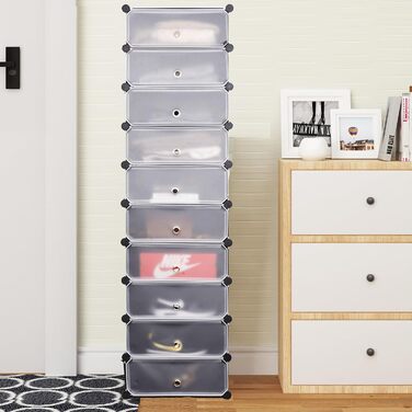 WOLTU Shoe Box, Shoe Storage, Set of 10, Stackable Design, for 20 Pairs, with Door, Hooks, 40x30x170 cm, White (47 x 35 x 170 cm, Black)