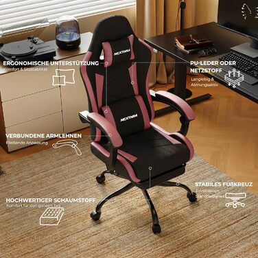 Геймерське крісло Nexthra Ergonomisch з підставкою для ніг, до 180 кг, рожеве. Офісне крісло для геймінгу та роботи, з регульованою спинкою 150°