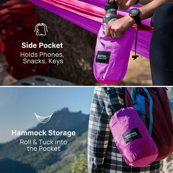 Гамак для кемпінгу Kootek, 227 кг, з ременями та сумкою, для відпочинку на природі, хайкінгу, пляжу, Olive & Dark Khaki (фіолетовий та рожевий, великий)