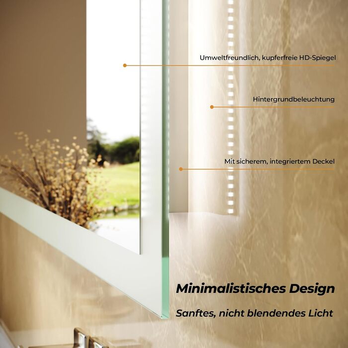 Дзеркало для ванної кімнати з підсвічуванням 60x50x3,5 см, LED, 6400K, холодний білий, економія енергії, вертикальне/горизонтальне кріплення, вимикач на стіні, матові краї