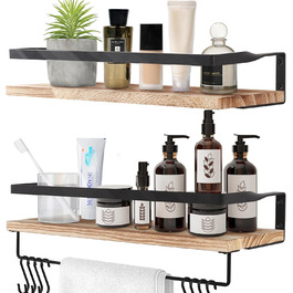Настінна полиця з дерева, 2 шт. у наборі, рустикальний стиль, з тримачем для рушників, світло-коричневого кольору, для спальні, вітальні, ванної кімнати, кухні, офісу