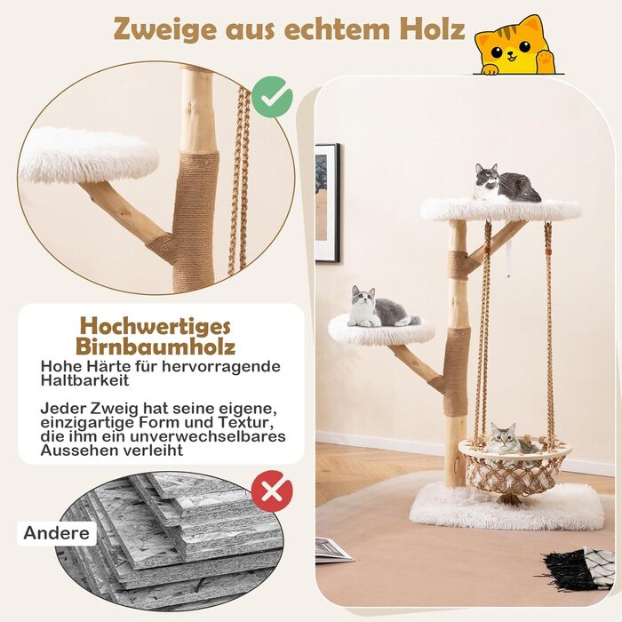 Дерев'яний кігтеточки COSTWAY для котів з гамаком, мотузкою, натуральними гілками та стійкою з джуту, 2 стійки та платформа, кігтеточки для котів, кліматична вежа, натуральний+білий (123 см)