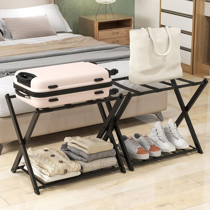 GIANTEX Folding Luggage Rack, 2-Tier, 68 x 43 x 58 cm, Luggage Stand, Metal Luggage Rack, Space-Saving, Luggage Rack for Bedroom, Guest Room, Hotel, Black (2 Pieces, Black)