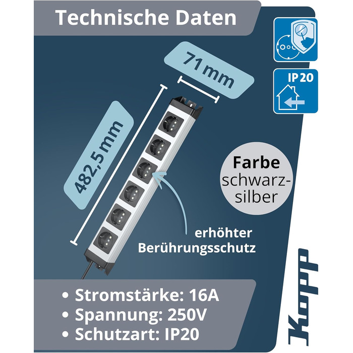 Розподільник розеток Kopp POWERversal сірий/чорний, 6 розеток, 1.4м, з заземленням