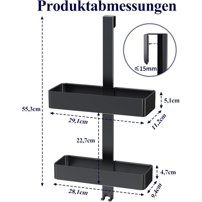 Дзеркальна поличка для душу Kitsure без свердління - 2 яруси, нержавіюча сталь, чорна