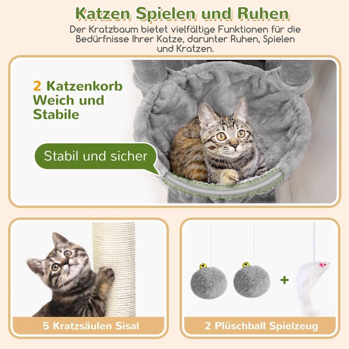Драбина для котів Globlazer XXL, 188 см, з будиночком, платформами та кошиками. Стабільна, не перекидається, для великих котів, сірий