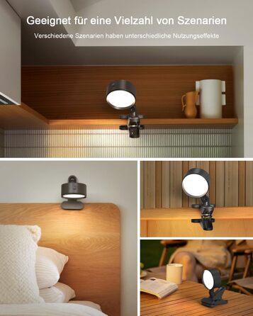 Нічник на ліжко акумуляторний бездротовий з USB-C, 5000mAh, з кліпсою, димуючий сенсорний пульт, 3 кольори, поворотний на 360°, для спальні, кемпінгу, чорний