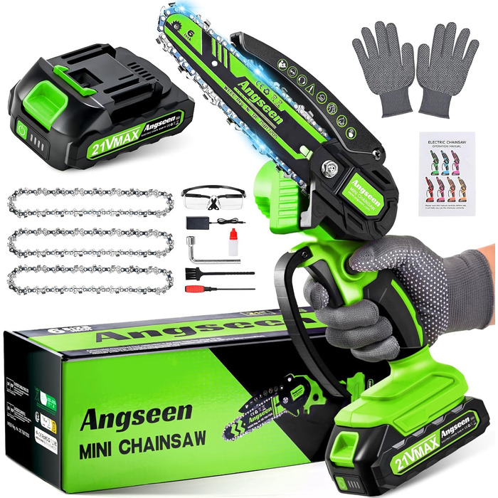Акумуляторна ланцюгова пила Angseen 6 дюймів, 850W, 3 батареї, захист, для дерева та саду