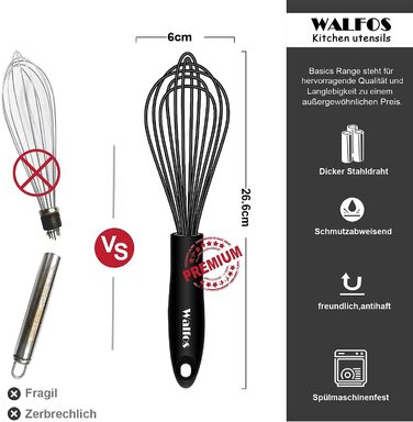 Валфос міксер вінчик силіконовий 26.6 см, чорний, з нержавіючої сталі, для збивання, змішування та приготування, кухонний аксесуар