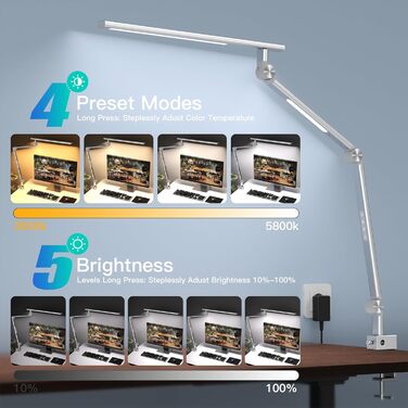 VERSKI LED Desk Lamp - Dimmable 18W Dual Light Source, Eye Protection, Daylight Lamp with 5 Color Temperatures & Adjustable Brightness for Home Office & Office - Silver