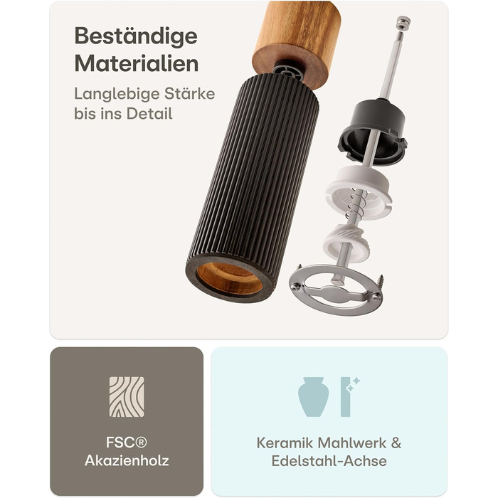 Набір для солі та перцю Praknu з акації FSC® з керамічним жорном – безступеневе регулювання та довговічність – для перцю та солі – дерев'яна млинка для спецій – набір млинок для солі та перцю – чорний – великий