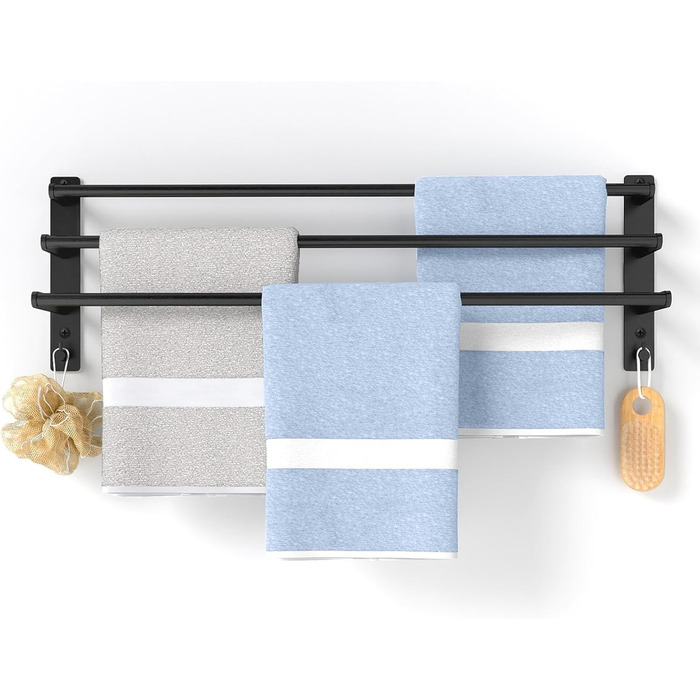 Тримач для рушників 80 см без свердління, чорний, з 3 стержнями, з нержавіючої сталі, з 2 гачками