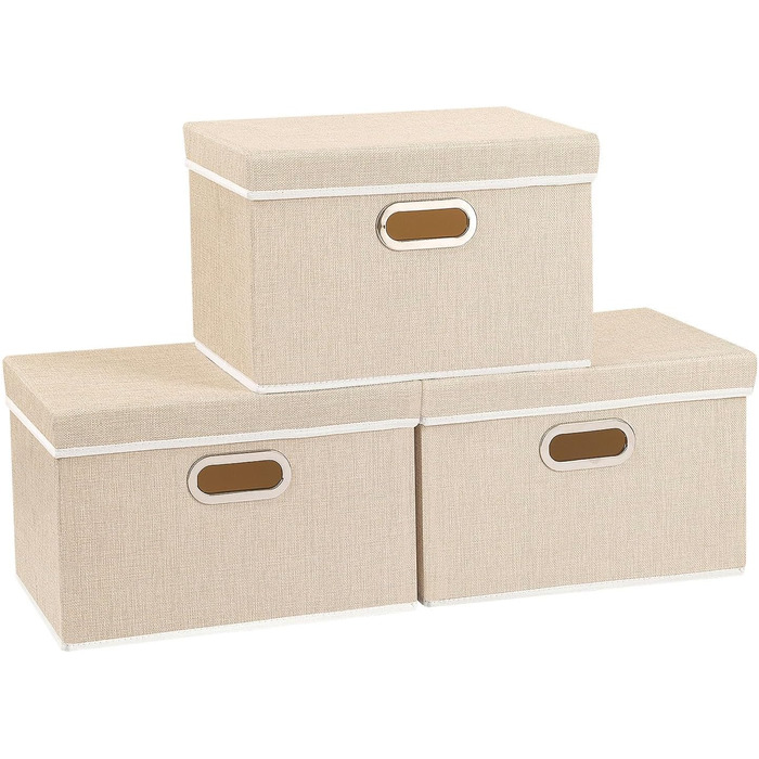 Yawinhe 3-Piece Storage Boxes with Lids, Foldable Fabric Box with Handles, Storage Boxes, for Bedroom, Clothes Storage, 32x23x20cm, SNK023G-3 (32x23x20cm/3-Pack, Beige)
