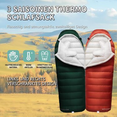 Спальний мішок для дорослих з пухом, 680FP, Outdoor, зимовий, для кемпінгу, походів та подорожей, з компресійним мішком. -10°C, сірий (-4°C, червоний)