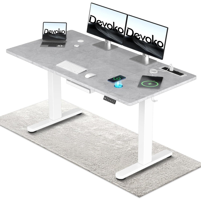 Devoko Adjustable Standing Desk, Electric Standing Desk with Wireless Charger, Memory Control, 3 USB Ports, 360° Swivel Wheels (Gray & White, 140 x 70 cm)