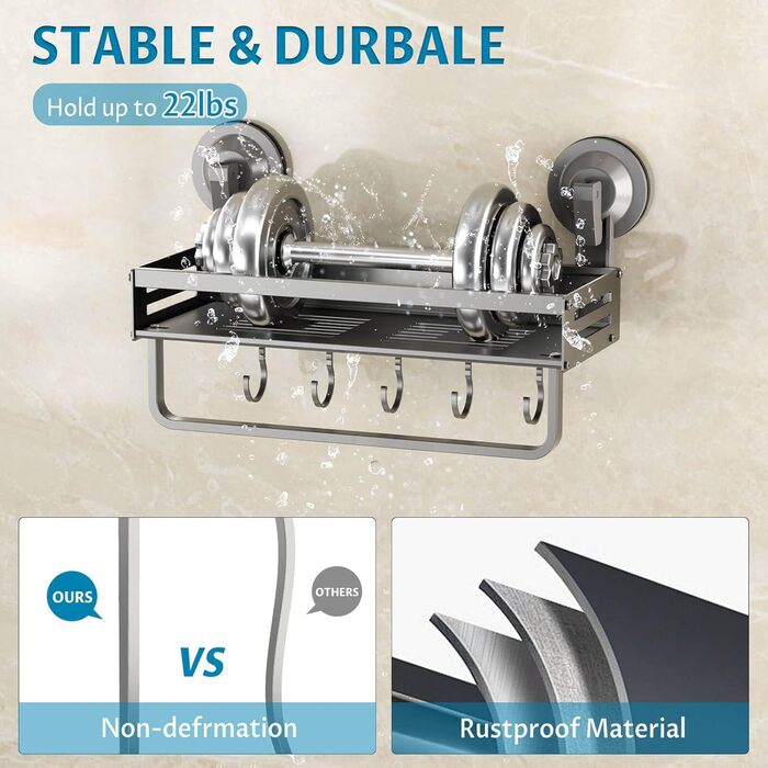 Поличка для душу Onemake з присосками, Дзеркальна поличка для ванної кімнати з ручками, Організатор для ванної кімнати з тримачем для рушників, Матовий чорний (30 см, 1 шт.)