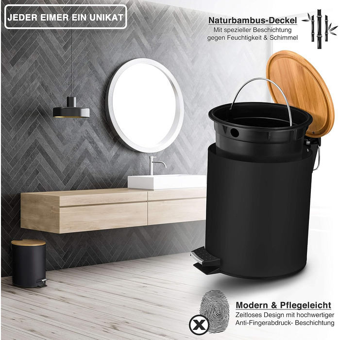 Смітник для косметики VMbathrooms 3L з педаллю та бамбуковою кришкою, Soft-Close, чорний матовий, для ванної кімнати та туалету