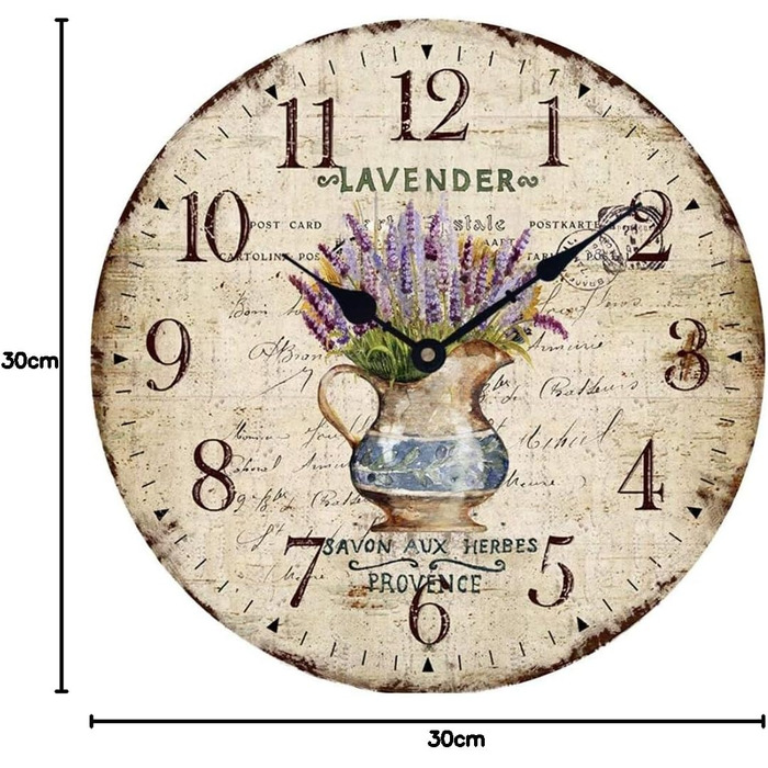 YOAI Wall Clock Kitchen Clock Vintage Shabby CHIC Antique Nostalgia Rustic MDF Quartz Clock with Silent Movement, 12 inch/30CM Ø (Lavender in Pot)