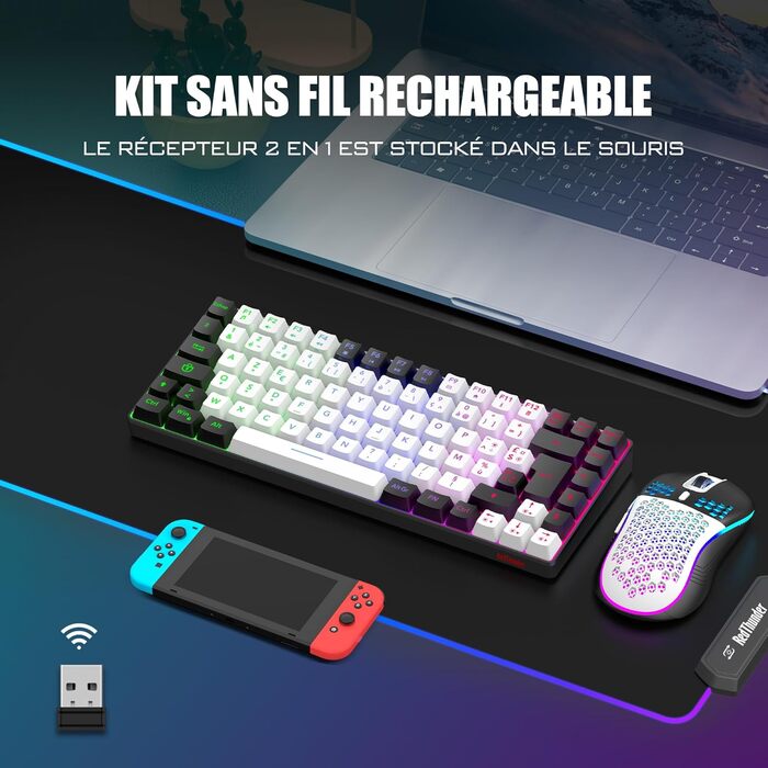 RedThunder K84 Combo: Бездротова клавіатура та миша USB, AZERTY (французька), 75% TKL, 3200 DPI (білий/чорний)