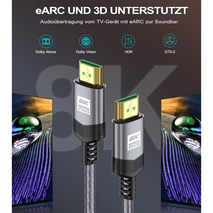 Кабель HDMI 2.1 AviBrex 4M 8K (60Hz), 4K (240Hz), Ultra HD, 48Gbps, HDR, eARC, HDCP2.3, для PS5/4/3, TV, Blu-ray, проектор, сірий
