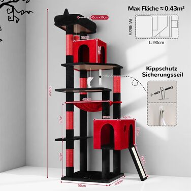 Дім-кігтеточка для котів Globlazer Kaktus (178 см, XXL, Готичний) з гамаком, платформами та когтеточкою з сизалю. Стабільна конструкція для 2-4 великих котів.