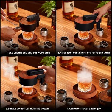Набір для копчення віскі зі вбудованим запальничкою, 6 видів тирси, 2 склянки, 2 форми для льоду, набір для димчастого коктейлю, подарунок на Різдво та день народження для чоловіків, батька, чоловіка (БЕЗ бутану) (коричневий)